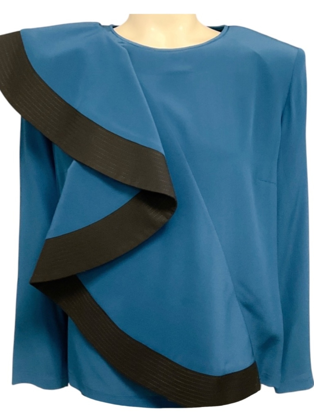 Givenchy Teal Blue / Black Ruffled Long Sleeved Silk Blouse